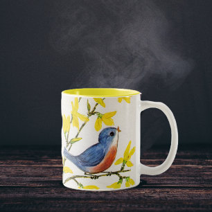 Schattige zingende blauwe vogel boom tweekleurige koffiemok