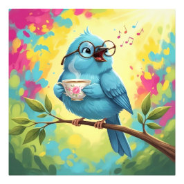   Schattige zingende blauwe vogel foto vergroting Afdruk