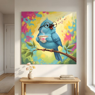 Schattige zingende blauwe vogel foto vergroting Afdruk