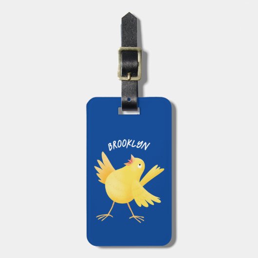 Schattige zingende gele kanarie vogel cartoon bagagelabel (Voorkant verticaal)