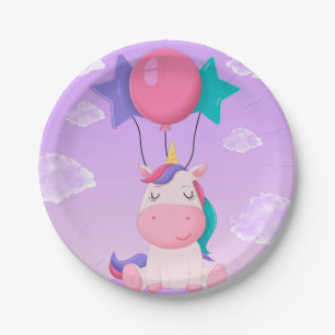 Schattige Zittende Eenhoorn en Ballonnen Lila Papieren Bordje
