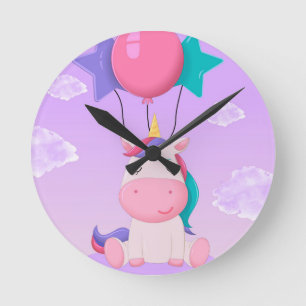 Schattige Zittende Eenhoorn en Ballonnen Lila Ronde Klok