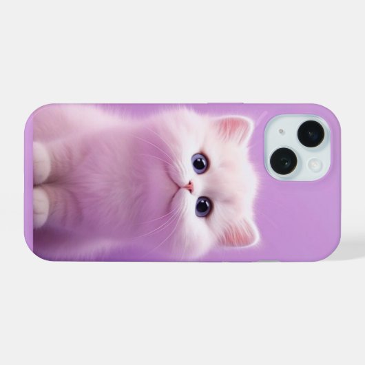 Schattige zittende witte kat iPhone 15 case (Achterkant horizontaal)
