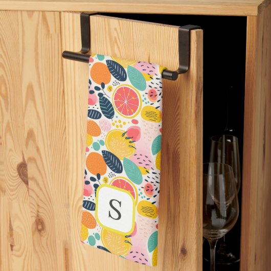 Schattige Zomer Citrus Fruit Monogram Initiaal Theedoek (Derde Gevouwen)