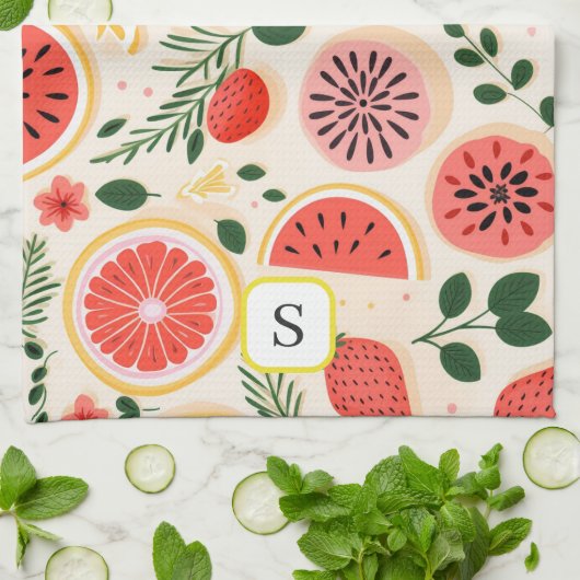 Schattige Zomer Fruit Monogram Initiaal Theedoek (Gevouwen)