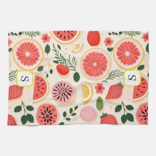 Schattige Zomer Fruit Monogram Initiaal Theedoek (Horizontaal)