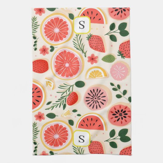 Schattige Zomer Fruit Monogram Initiaal Theedoek (Verticaal)