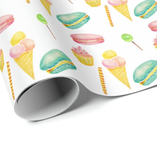 Schattige Zomer Snoep Ice Cream Waterverf Patroon Cadeaupapier (Rol Hoek)