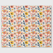 Schattige zomerkoraal en marineblauw bloemenpatroo cadeaupapier (Vlak)