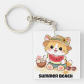 Schattige Zomerstrandkat Sleutelhanger (voorkant)
