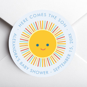 Schattige Zon Hier Komt de Zoon Blauwe Baby Shower Ronde Sticker