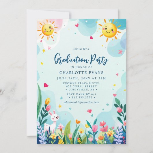 Schattige Zon Konijn Bloem Kleuterschool Afstudere Kaart (Voorkant)