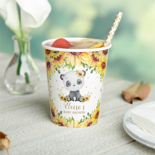 Schattige Zonnebloem Panda Beer Baby shower Verjaa Papieren Bekers (Insitu)