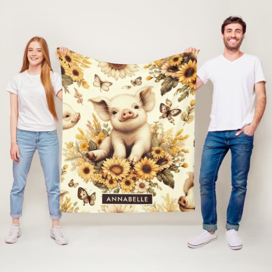 Schattige Zonnebloem Varkenspatroon Fleece Deken (In situ)