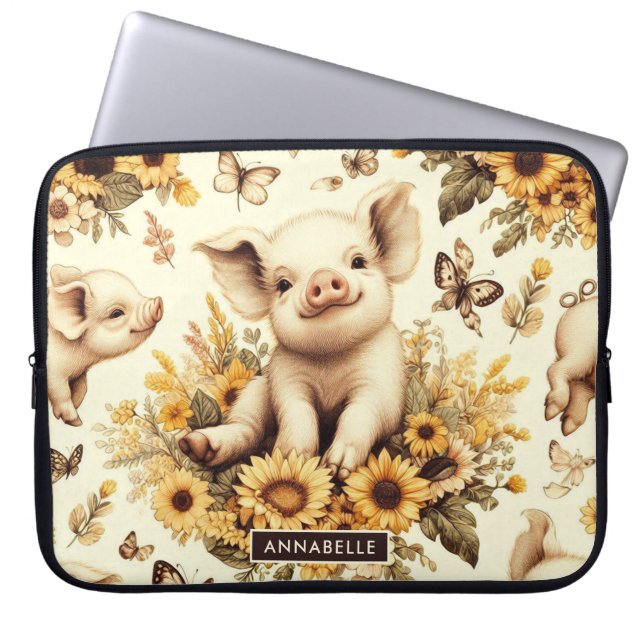 Schattige  Zonnebloem Varkenspatroon Laptop Sleeve (Voorkant)