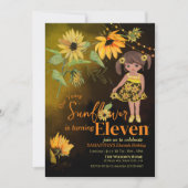 Schattige Zonnebloem Waterverf Meisje Zwart Verjaa Kaart (Voorkant)