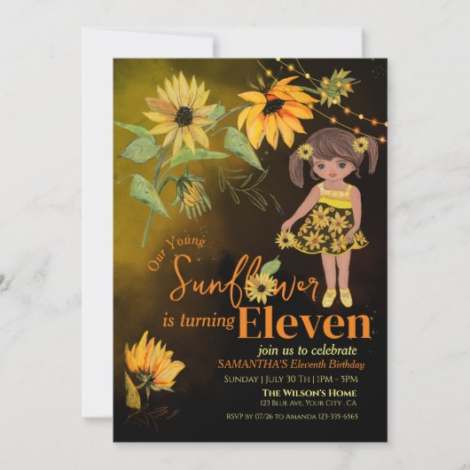 Schattige Zonnebloem Waterverf Meisje Zwart Verjaa Kaart (Voorkant)