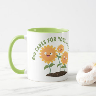 Schattige zonnebloemen God zorgt Bijbelvers Mok