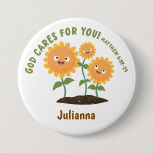 Schattige zonnebloemen God zorgt Bijbelvers Ronde Button 7,6 Cm