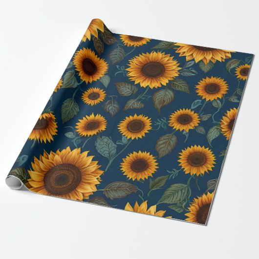 Schattige Zonnebloempatroon Blauw Cadeaupapier (Uitgerold)