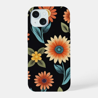 Schattige zonnebloempatroon op zwarte achtergrond iPhone 15 case