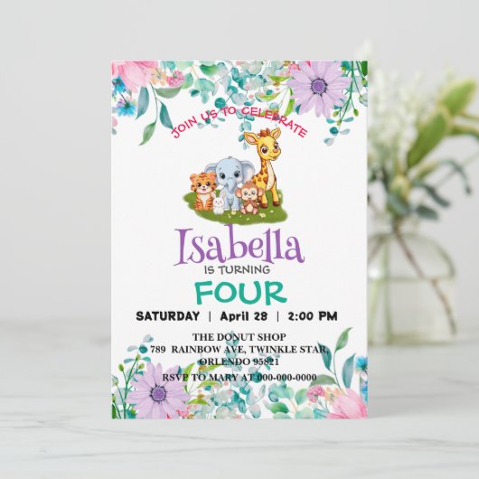 Schattige Zoo oerwoud Dieren Verjaardagsfeestje Bl Kaart (Staand voorkant)