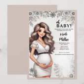 Schattige Zwanger Meisje Golvend Haar Floral Oh Ba Kaart (Voorkant / Achterkant)
