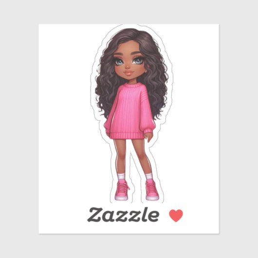 Schattige zwart chibi meisje in roze trui sticker (Vel)