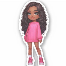 Schattige zwart chibi meisje in roze trui sticker