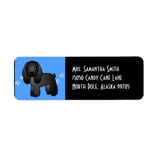 Schattige Zwart Cocker Spaniel Cartoon Blauw Etiket (Voorkant)