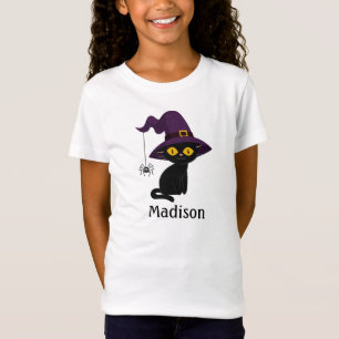 Schattige Zwart en Geel Kat met Heks Pet Kinderen T-shirt