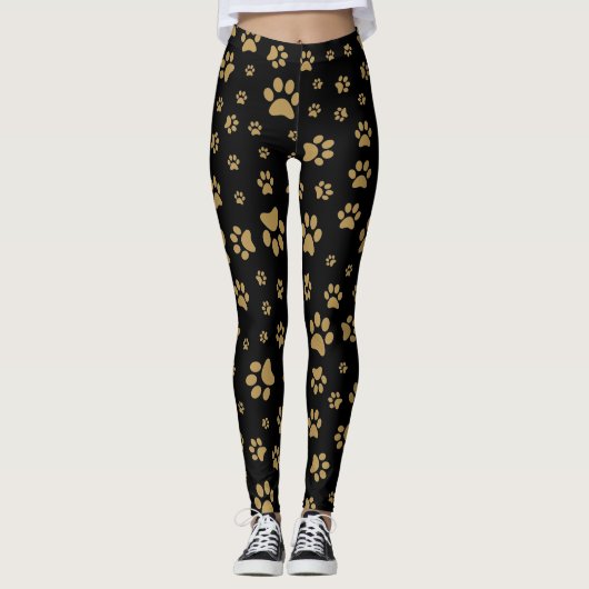 Schattige zwart en oud gouden pootafdrukpatroon af leggings (Voorkant)