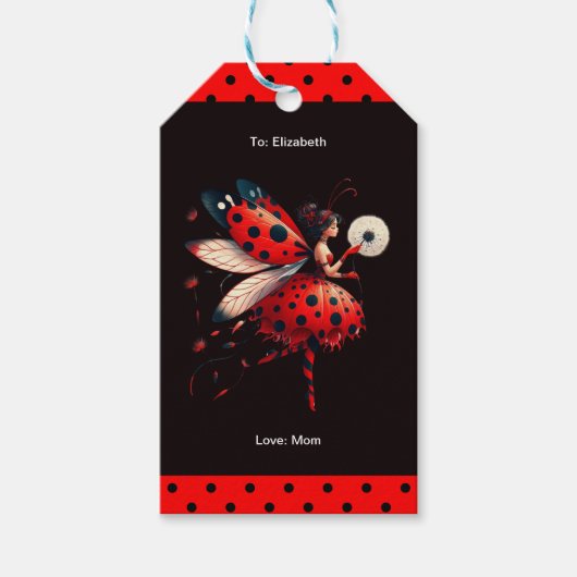 Schattige zwart en rood lieveheersbeestje Fairy ve Cadeaulabel (Voorkant)