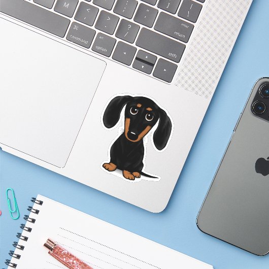 Schattige Zwart en Tan Dachshund Cartoon Dog Sticker (Laptop met iPhone)