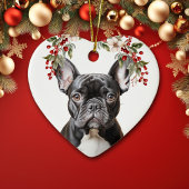 Schattige zwart frans bulldog holly berry kerst keramisch ornament