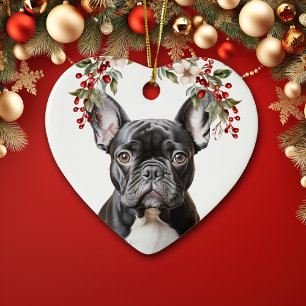 Schattige zwart frans bulldog holly berry kerst keramisch ornament