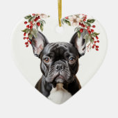 Schattige zwart frans bulldog holly berry kerst keramisch ornament (Voorkant)