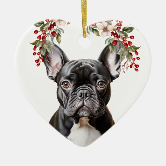 Schattige zwart frans bulldog holly berry kerst keramisch ornament (Voorkant)
