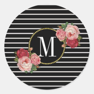 Schattige zwart gestreept modern bloemgoud monogra ronde sticker