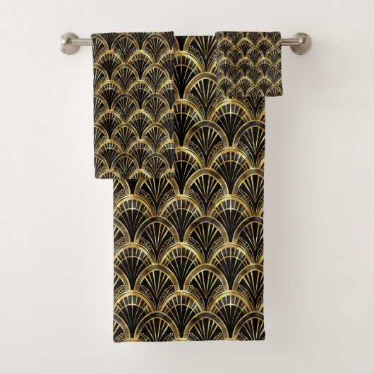Schattige zwart goud art deco tegelpatroon bad handdoek (Insitu)