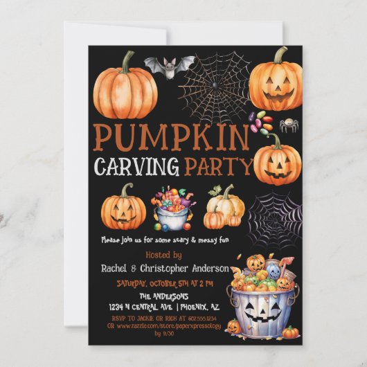 Schattige Zwart Halloween Pompoen Carving Party Ki Kaart (Voorkant)