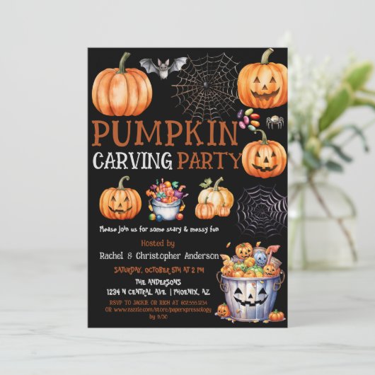 Schattige Zwart Halloween Pompoen Carving Party Ki Kaart (Staand voorkant)