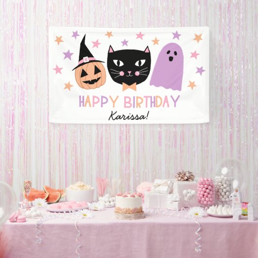 Schattige Zwart Kat Halloween Verjaardagsnaam Bann Spandoek (Feest)