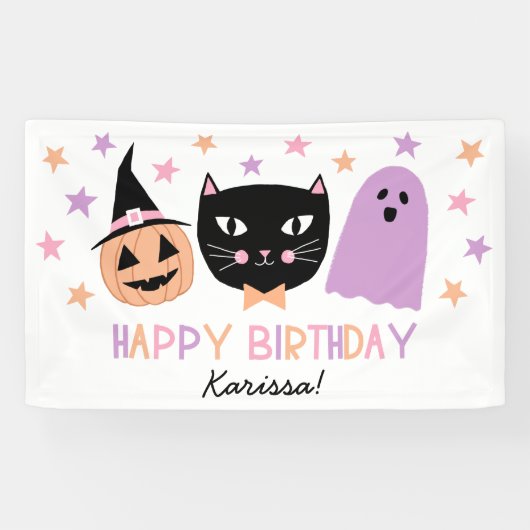 Schattige Zwart Kat Halloween Verjaardagsnaam Bann Spandoek (Horizontaal)