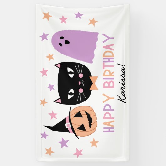 Schattige Zwart Kat Halloween Verjaardagsnaam Bann Spandoek (Verticaal)