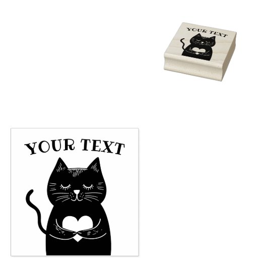 Schattige Zwart Kat Holding Hart Aangepaste Tekst Rubberstempel (Gestempeld)