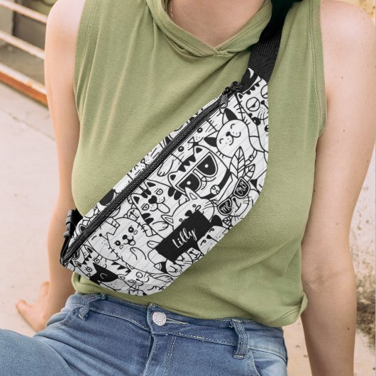 Schattige zwart kat illustratie Kat tekening monog Heuptasje