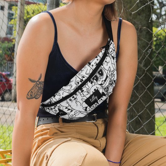 Schattige zwart kat illustratie Kat tekening monog Heuptasje