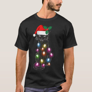 Schattige Zwart Kat Kerst Licht Leuk Kat Liefhebbe T-shirt