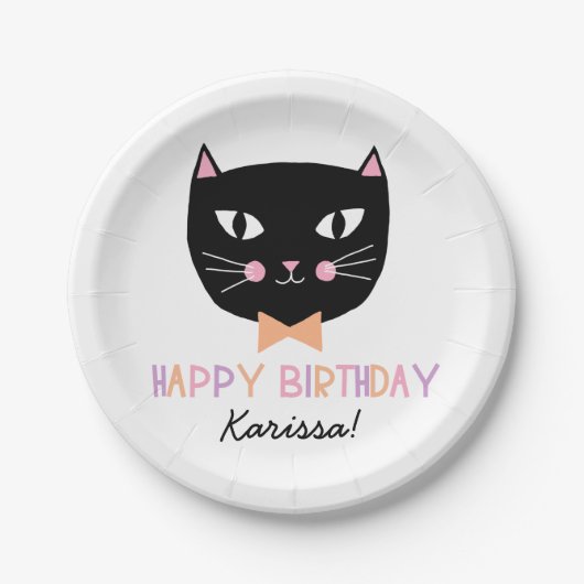 Schattige Zwart Kat Verjaardagsnaam Papier Bord (Voorkant)